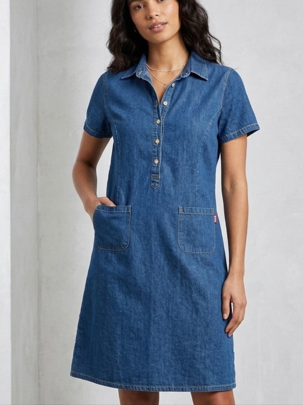 Beautiful Stretch Denim Blue Polo Shirt Dress + Pockets Sz BELIEVED Btwn M-L